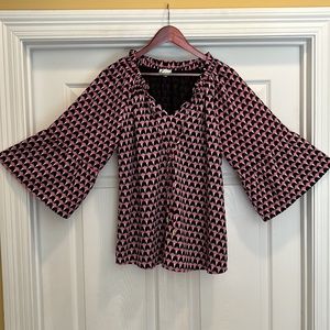 Jade Melody Tam ruffle and tie neck bell sleeve top szL